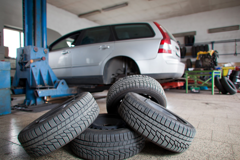 Wheels inside a Mechanic Shop